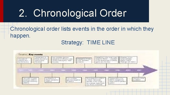 2. Chronological Order Chronological order lists events in the order in which they happen.