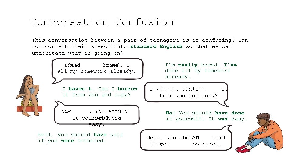 Conversation Confusion This conversation between a pair of teenagers is so confusing! Can you