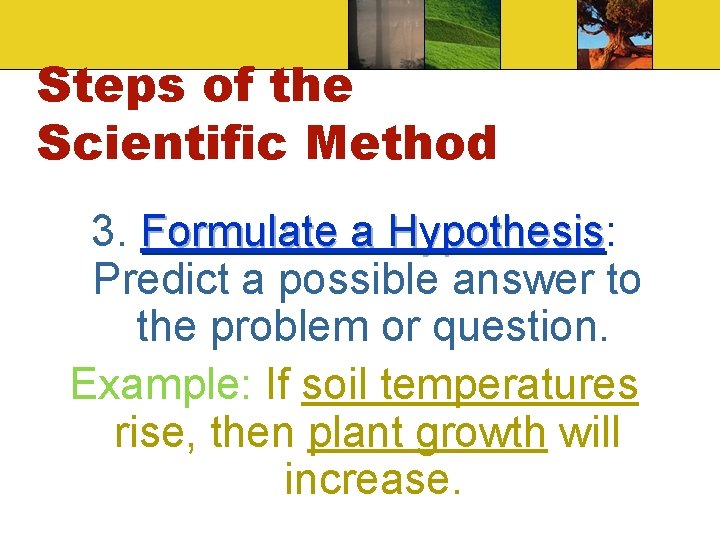 Steps of the Scientific Method 3. Formulate a Hypothesis: Hypothesis Predict a possible answer Steps of the Scientific Method 3. Formulate a Hypothesis: Hypothesis Predict a possible answer