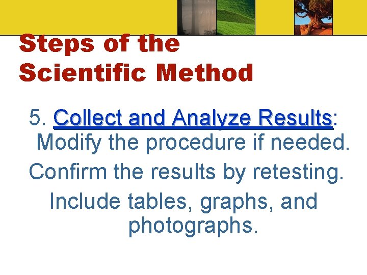 Steps of the Scientific Method 5. Collect and Analyze Results: Results Modify the procedure Steps of the Scientific Method 5. Collect and Analyze Results: Results Modify the procedure