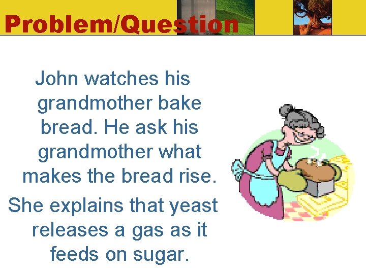 Problem/Question John watches his grandmother bake bread. He ask his grandmother what makes the Problem/Question John watches his grandmother bake bread. He ask his grandmother what makes the