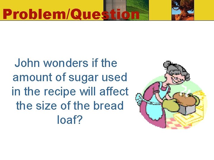 Problem/Question John wonders if the amount of sugar used in the recipe will affect Problem/Question John wonders if the amount of sugar used in the recipe will affect