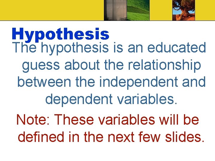 Hypothesis The hypothesis is an educated guess about the relationship between the independent and Hypothesis The hypothesis is an educated guess about the relationship between the independent and