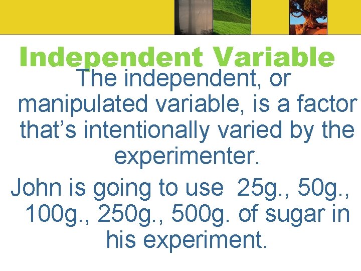 Independent Variable The independent, or manipulated variable, is a factor that’s intentionally varied by Independent Variable The independent, or manipulated variable, is a factor that’s intentionally varied by