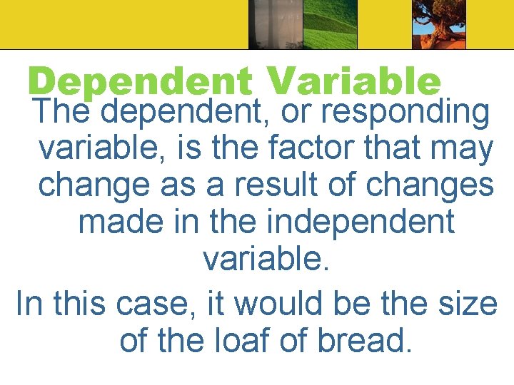 Dependent Variable The dependent, or responding variable, is the factor that may change as Dependent Variable The dependent, or responding variable, is the factor that may change as