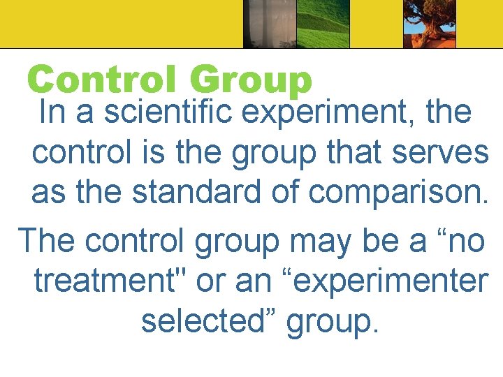 Control Group In a scientific experiment, the control is the group that serves as Control Group In a scientific experiment, the control is the group that serves as