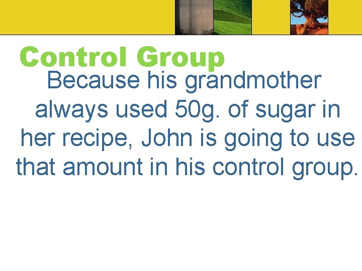 Control Group Because his grandmother always used 50 g. of sugar in her recipe, Control Group Because his grandmother always used 50 g. of sugar in her recipe,