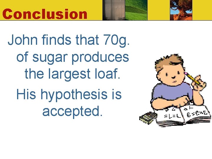 Conclusion John finds that 70 g. of sugar produces the largest loaf. His hypothesis Conclusion John finds that 70 g. of sugar produces the largest loaf. His hypothesis