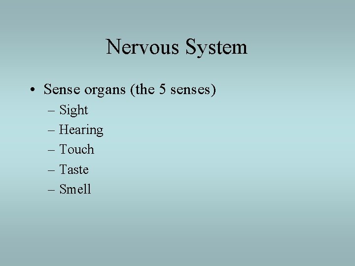 Nervous System • Sense organs (the 5 senses) – Sight – Hearing – Touch