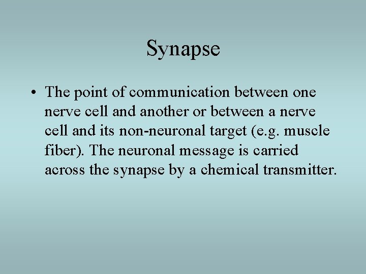 Synapse • The point of communication between one nerve cell and another or between