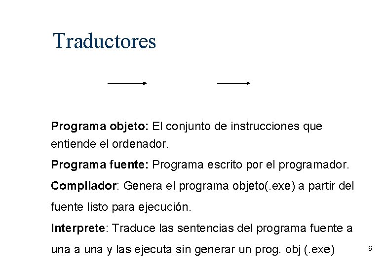 Traductores Programa objeto: El conjunto de instrucciones que entiende el ordenador. Programa fuente: Programa