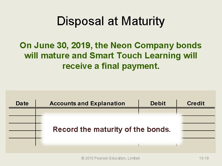 Disposal at Maturity On June 30, 2019, the Neon Company bonds will mature and