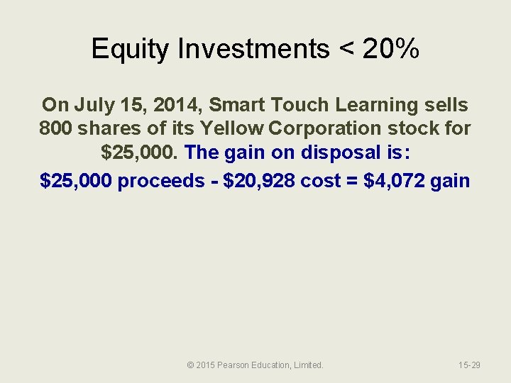 Equity Investments < 20% On July 15, 2014, Smart Touch Learning sells 800 shares