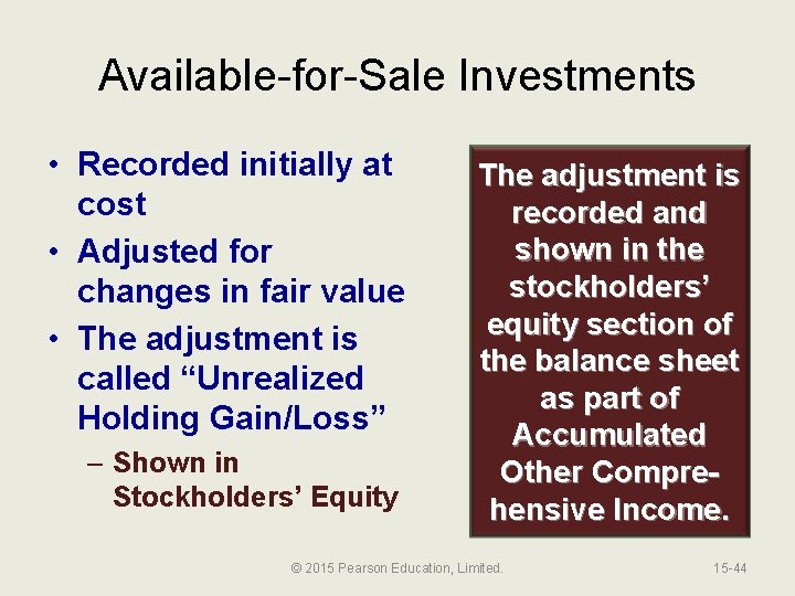 Available-for-Sale Investments • Recorded initially at cost • Adjusted for changes in fair value