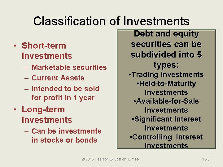 Classification of Investments • Short-term Investments – Marketable securities – Current Assets – Intended
