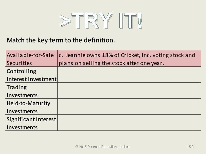 >TRY IT! © 2015 Pearson Education, Limited. 15 -9 