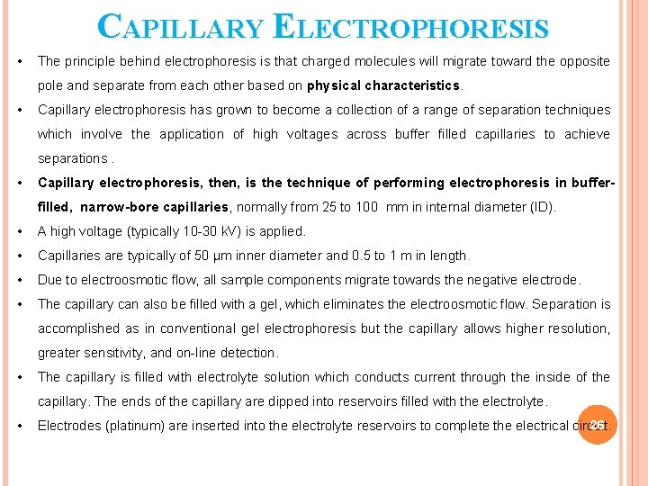 CAPILLARY ELECTROPHORESIS • The principle behind electrophoresis is that charged molecules will migrate toward