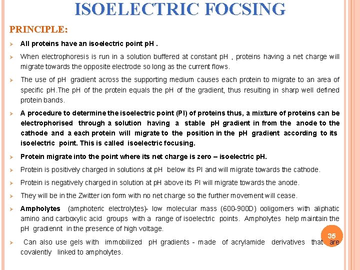 ISOELECTRIC FOCSING PRINCIPLE: Ø All proteins have an isoelectric point p. H. Ø When