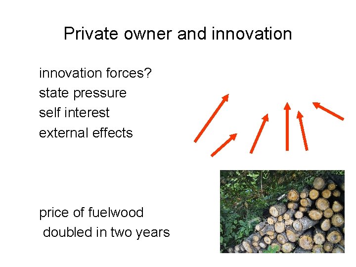Private owner and innovation forces? state pressure self interest external effects price of fuelwood
