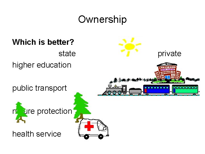 Ownership Which is better? state higher education public transport nature protection health service private