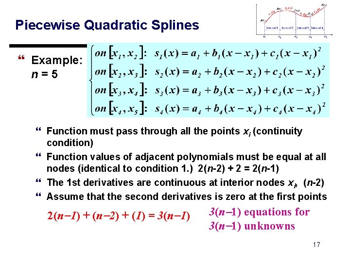 Piecewise Quadratic Splines } Example: n=5 } Function must pass through all the points Piecewise Quadratic Splines } Example: n=5 } Function must pass through all the points