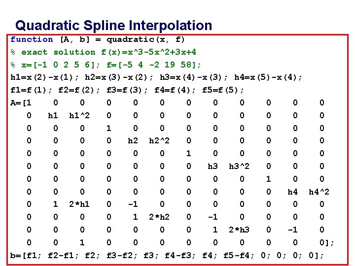 Quadratic Spline Interpolation function [A, b] = quadratic(x, f) % exact solution f(x)=x^3 -5