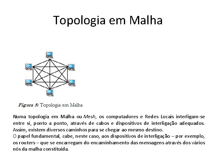 Topologia em Malha Numa topologia em Malha ou Mesh, os computadores e Redes Locais
