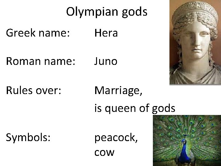 Olympian gods Greek name: Hera Roman name: Juno Rules over: Marriage, is queen of