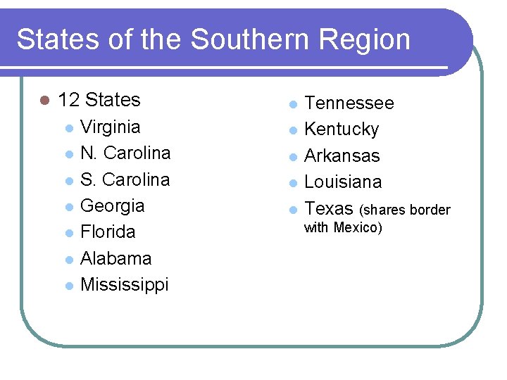 States of the Southern Region l 12 States l l l l Virginia N.