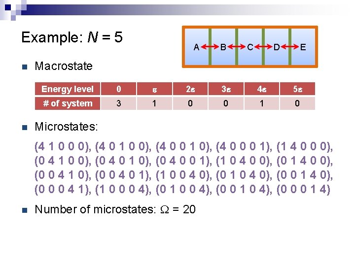 Example: N = 5 n n A B C D E Macrostate Energy level