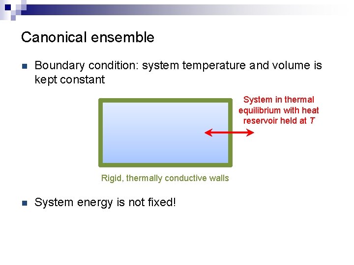 Canonical ensemble n Boundary condition: system temperature and volume is kept constant System in