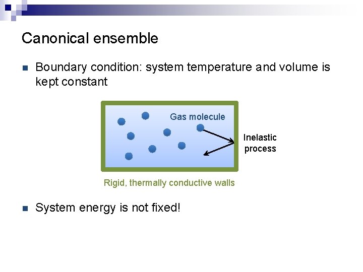 Canonical ensemble n Boundary condition: system temperature and volume is kept constant Gas molecule