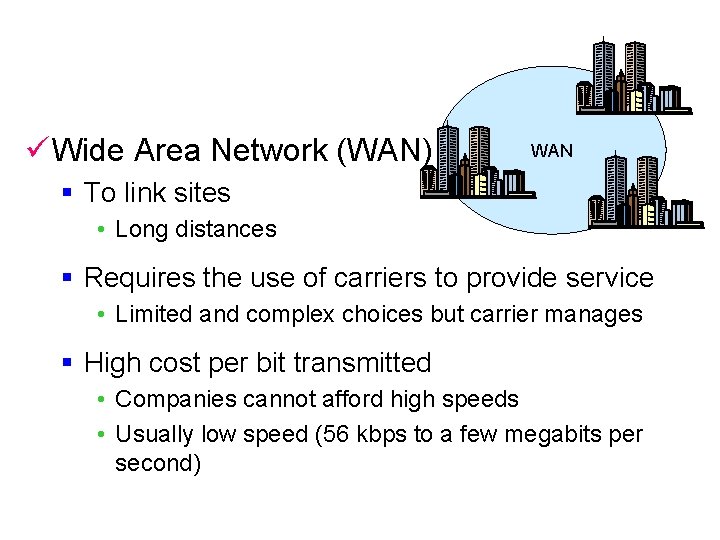 ü Wide Area Network (WAN) WAN § To link sites • Long distances §