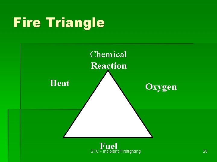 Fire Triangle Chemical Reaction Heat Oxygen Fuel STC - Incipient Firefighting 28 