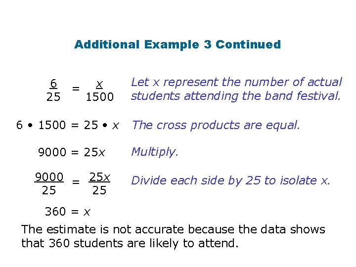 Additional Example 3 Continued 6 = x 25 1500 6 • 1500 = 25