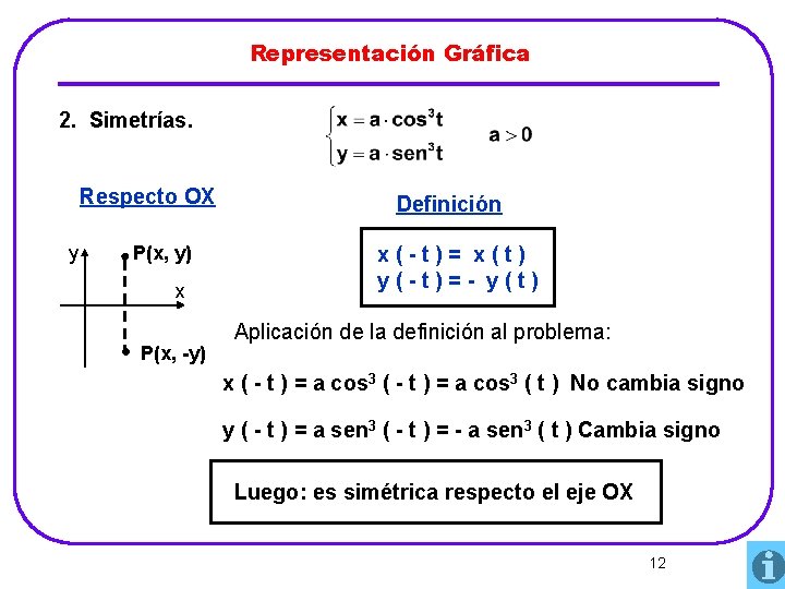 Representación Gráfica 2. Simetrías. Respecto OX y P(x, y) x P(x, -y) Definición x(-t)=