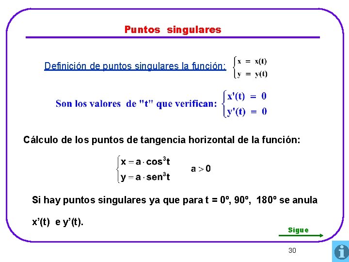 Puntos singulares Definición de puntos singulares la función: Cálculo de los puntos de tangencia