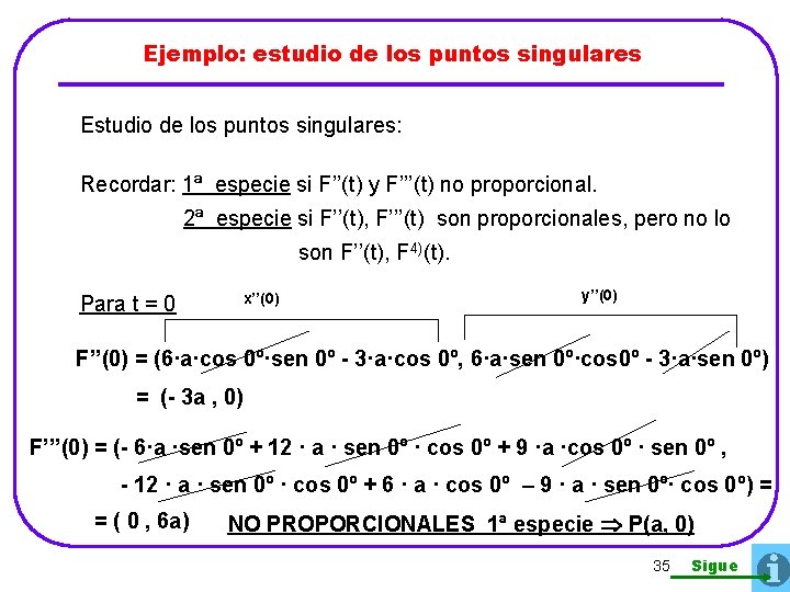 Ejemplo: estudio de los puntos singulares Estudio de los puntos singulares: Recordar: 1ª especie