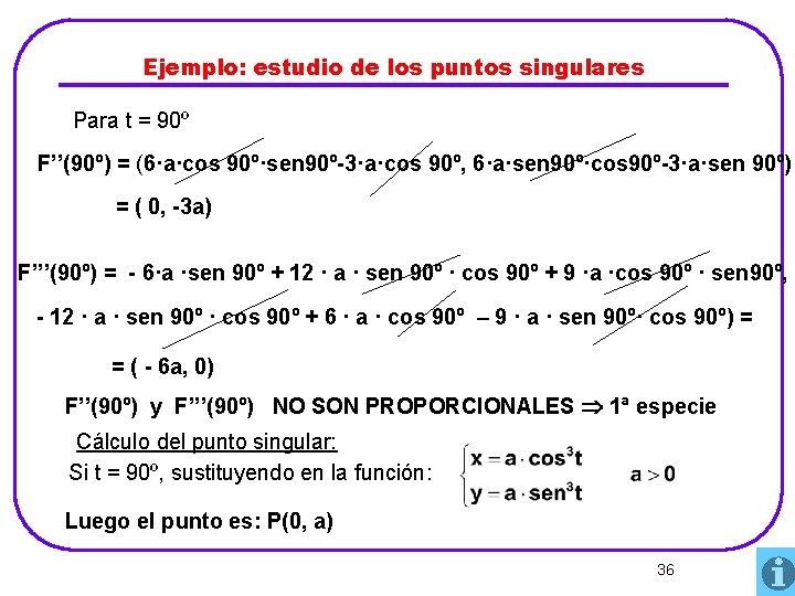 Ejemplo: estudio de los puntos singulares Para t = 90º F’’(90º) = (6·a·cos 90º·sen