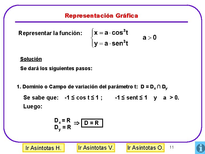 Representación Gráfica Representar la función: Solución Se dará los siguientes pasos: 1. Dominio o