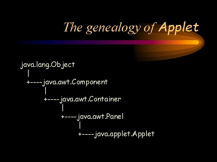 The genealogy of Applet java. lang. Object | +----java. awt. Component | +----java. awt.