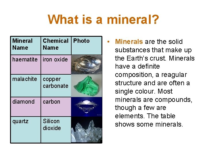 What is a mineral? Mineral Name Chemical Photo Name haematite iron oxide malachite copper