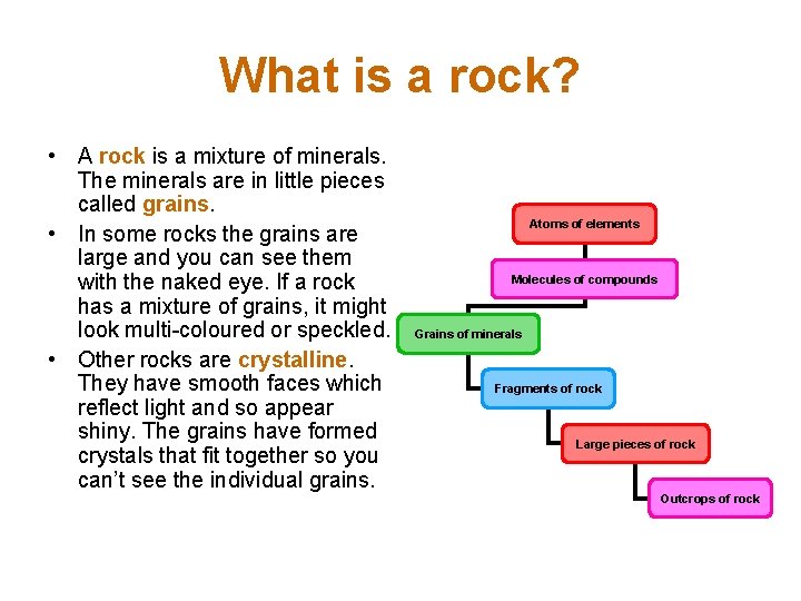 What is a rock? • A rock is a mixture of minerals. The minerals