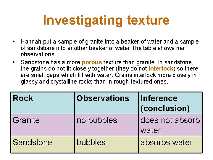 Investigating texture • Hannah put a sample of granite into a beaker of water