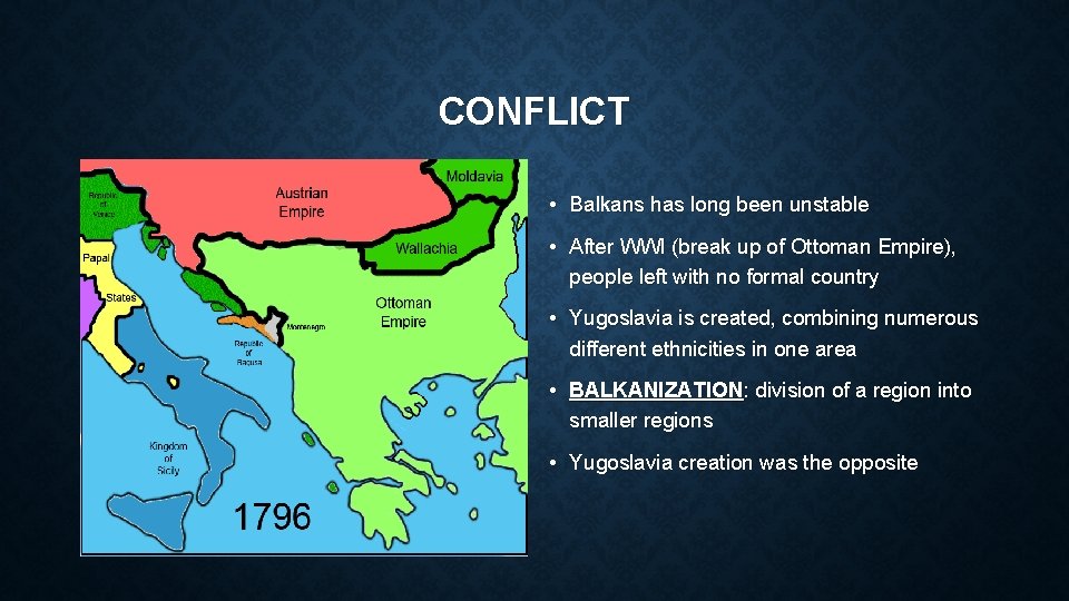 CONFLICT • Balkans has long been unstable • After WWI (break up of Ottoman