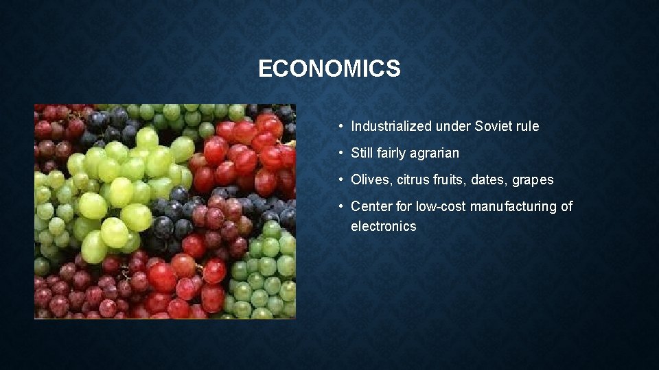 ECONOMICS • Industrialized under Soviet rule • Still fairly agrarian • Olives, citrus fruits,