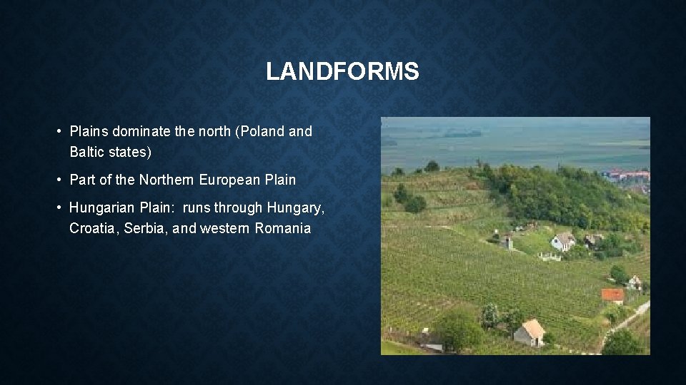 LANDFORMS • Plains dominate the north (Poland Baltic states) • Part of the Northern