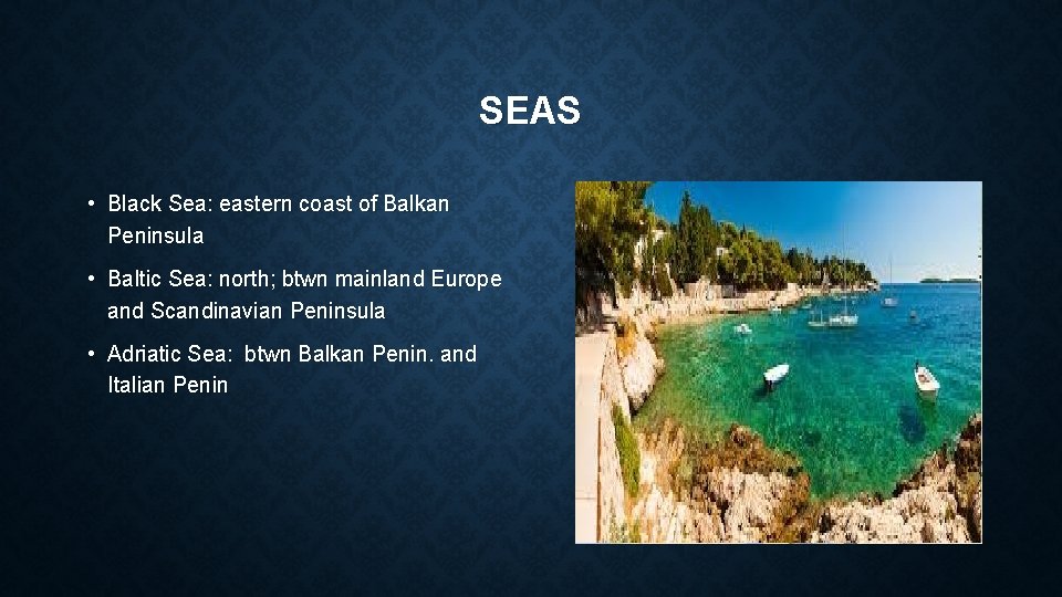 SEAS • Black Sea: eastern coast of Balkan Peninsula • Baltic Sea: north; btwn