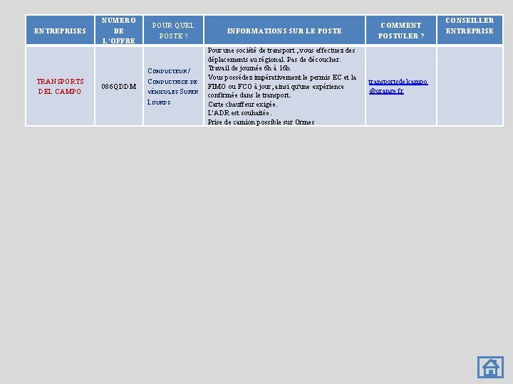 ENTREPRISES TRANSPORTS DEL CAMPO NUMERO DE L’OFFRE 086 QDDM POUR QUEL POSTE ? CONDUCTEUR