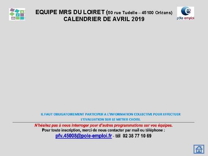 EQUIPE MRS DU LOIRET (50 rue Tudelle – 45100 Orléans) CALENDRIER DE AVRIL 2019